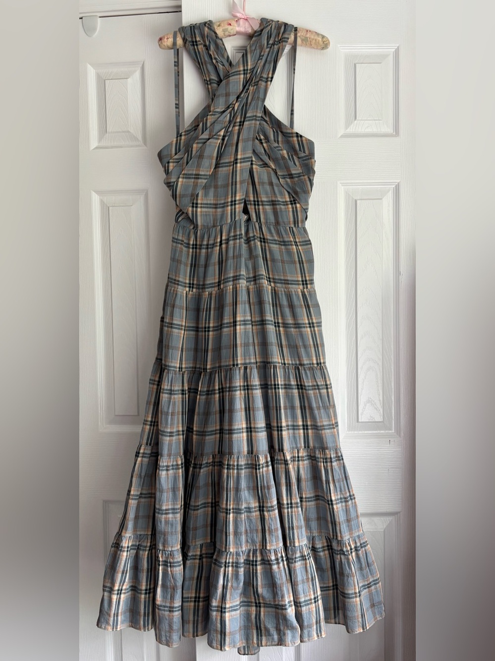 ULLA JOHNSON Noelle Cutout Checked Cotton Voile MIDI Dress Sz 8 Blue Cornflower